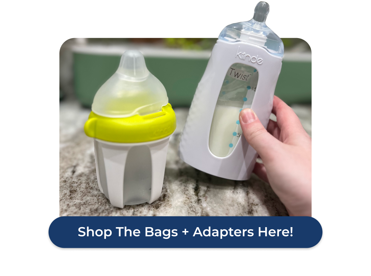 Image of Kiinde Storage Pouch in a Kiinde Twist Bottle next to a Kiinde Active Latch Bottle. Below the image is a button that says "Shop The Bags + Adapters Here!"