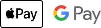 Payment options including a rectangular badge with the Apple Pay logo (black outline and black text), and next to it, the Google Pay logo featuring the multi-colored 'G' icon and gray text.