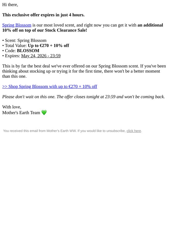 4 hours only: Up to €270 + 10% off Spring Blossom Scent 🌸