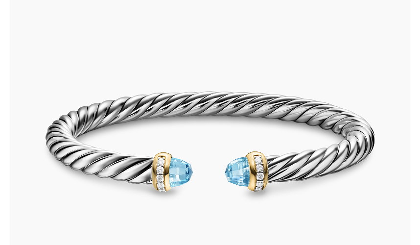 Cable Flex® Bracelet Sterling Silver with 14K Yellow Gold, Sky Blue Topaz and Diamonds, 6mm
