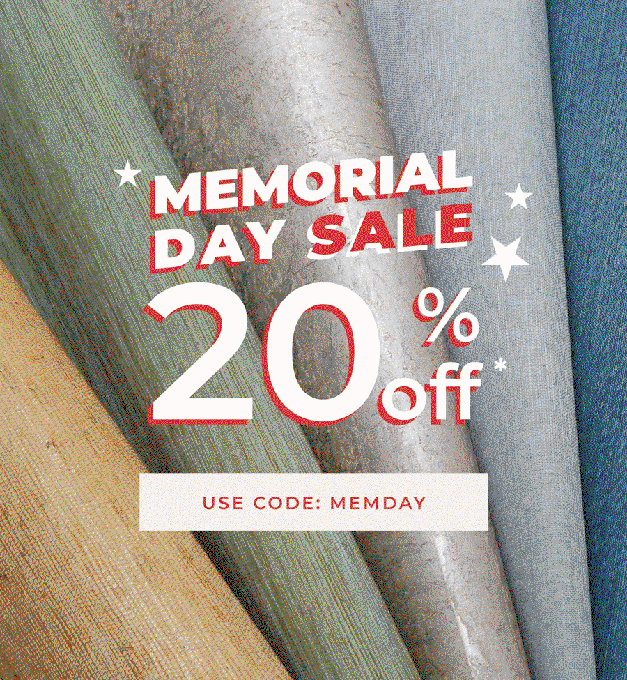 Gif image showing various Tempaper Grasscloth wallpapers. Text overlay Memorial Day Sale 20% off* Use Code MEMDAY"