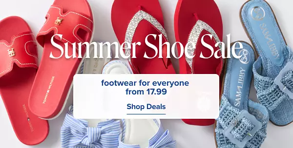 Red and blue sandals. Summer shoe sale. Footwear for everyone from 17.99. Shop deals.