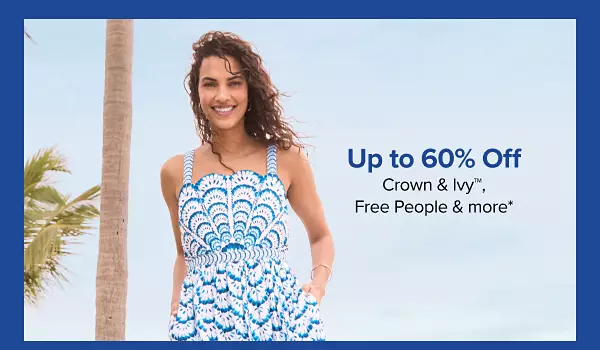 A woman in a white and blue dress. Up to 60% off Crown and Ivy, Free People and more.