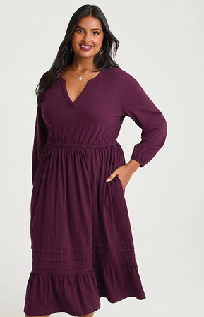 Cotton Pleat Detail Dress in Wine