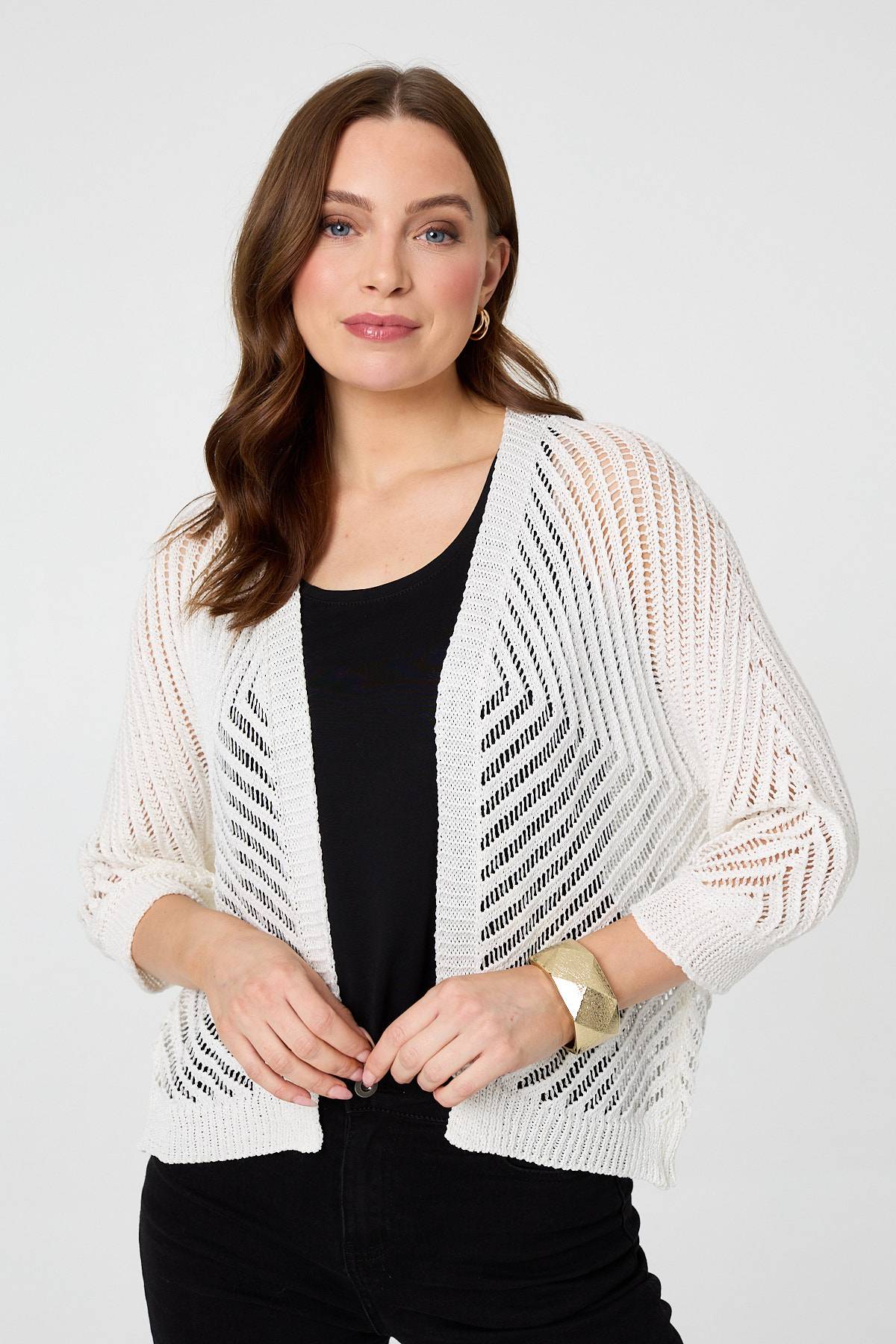 Chevron Texture Mesh 1/2 Sleeve Cardigan
