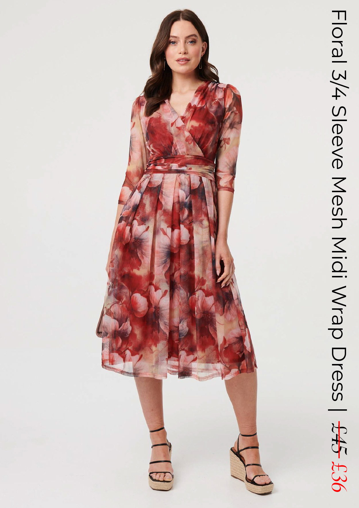 Floral 3/4 Sleeve Mesh Midi Wrap Dress | Shop Now