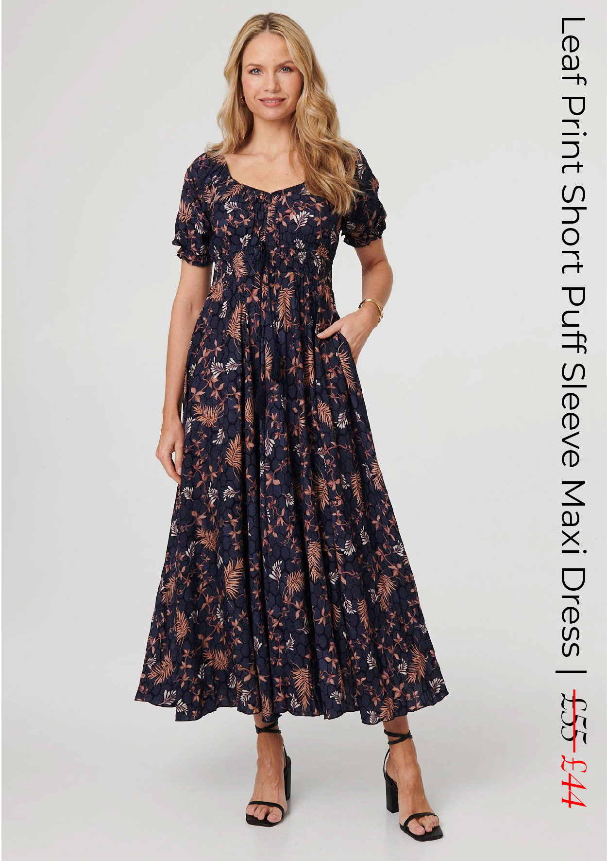 Leaf Print Short Puff Sleeve Maxi Dress | Shop Now