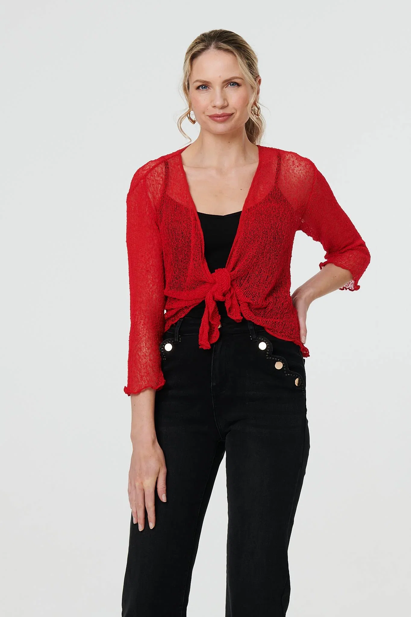 Sheer 3/4 Sleeve Open Front Cardigan - Red / One