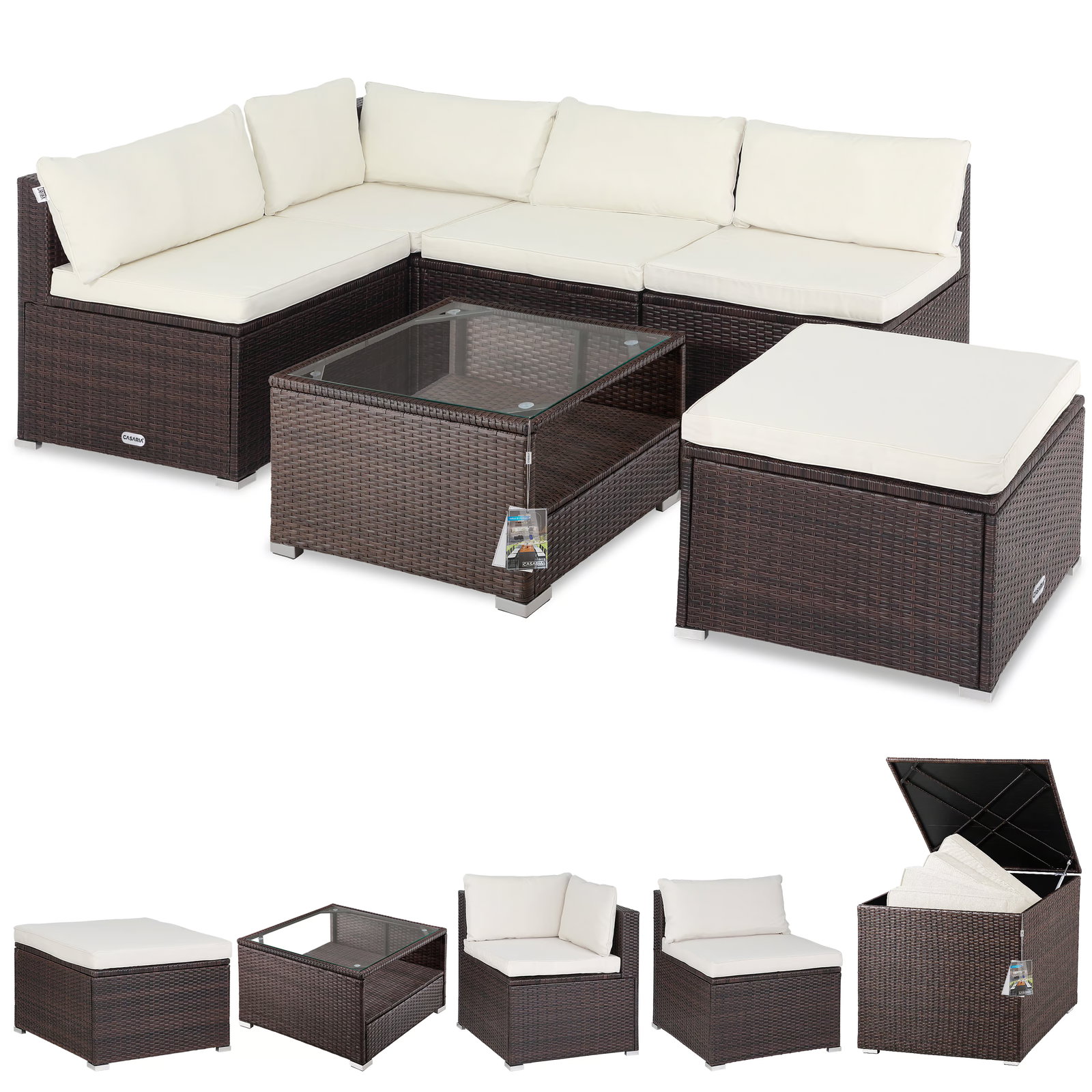 Image of Polyrattan Ecklounge Braun/Creme mit Polyrattan Auflagenbox Braun