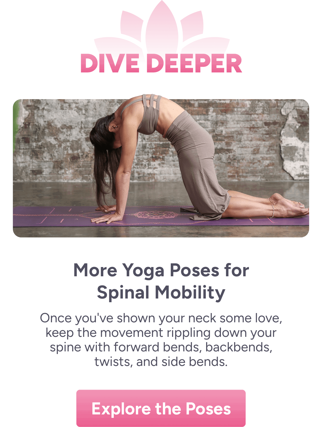 Dive Deeper | More Yoga Poses for Spinal Mobility – Once you’ve shown your neck some love, keep the movement flowing down your spine with forward bends, backbends, twists, and side bends.  Explore the Poses