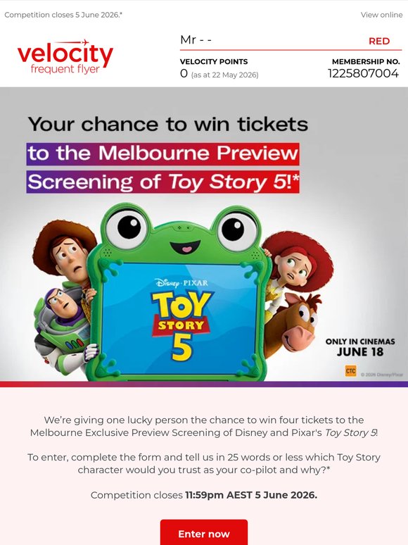 Your chance to win tickets to the exclusive preview screening of Disney and Pixar’s Toy Story 5!*