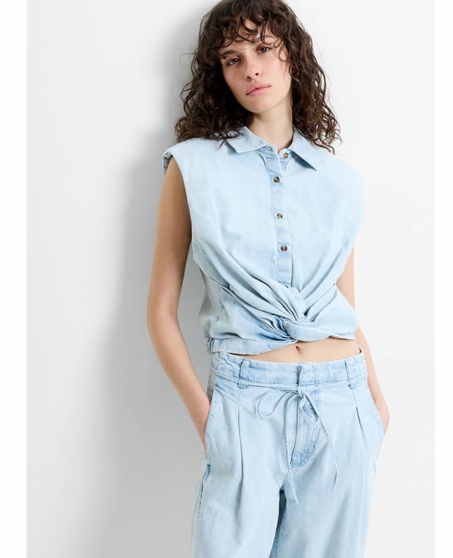  Chess Twist Cropped Light Blue Denim Shirt