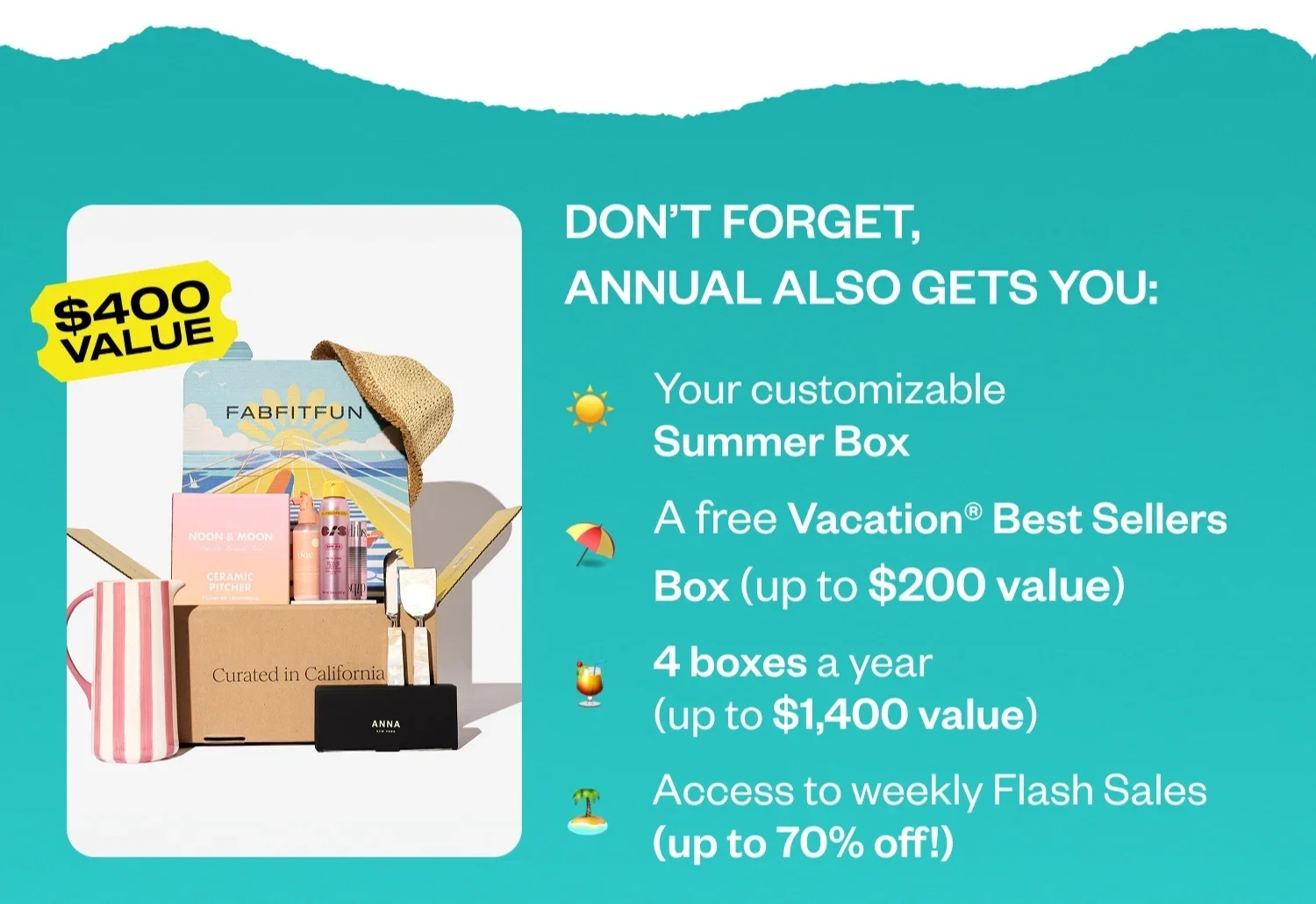 DON'T FORGET, ANNUAL ALSO GETS YOU: Your customizable Summer Box | A free Vacation® Best Sellers Box (up to $200 value) | 4 boxes a year (up to $1,400 value) | Access to weekly Flash Sales (up to 70% off!)