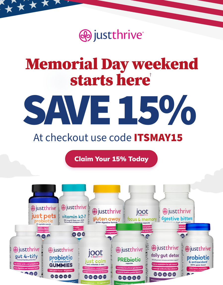 Just Thrive Memorial Weekend Sale, Save 15% graphic with code ITSMAY15