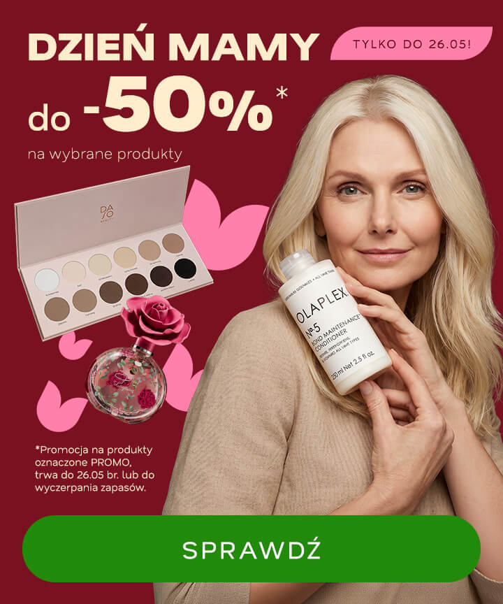 Mother's Day sale banner showing middle-aged woman holding Olaplex No.5, eyeshadow palette and perfume, up to 50% off