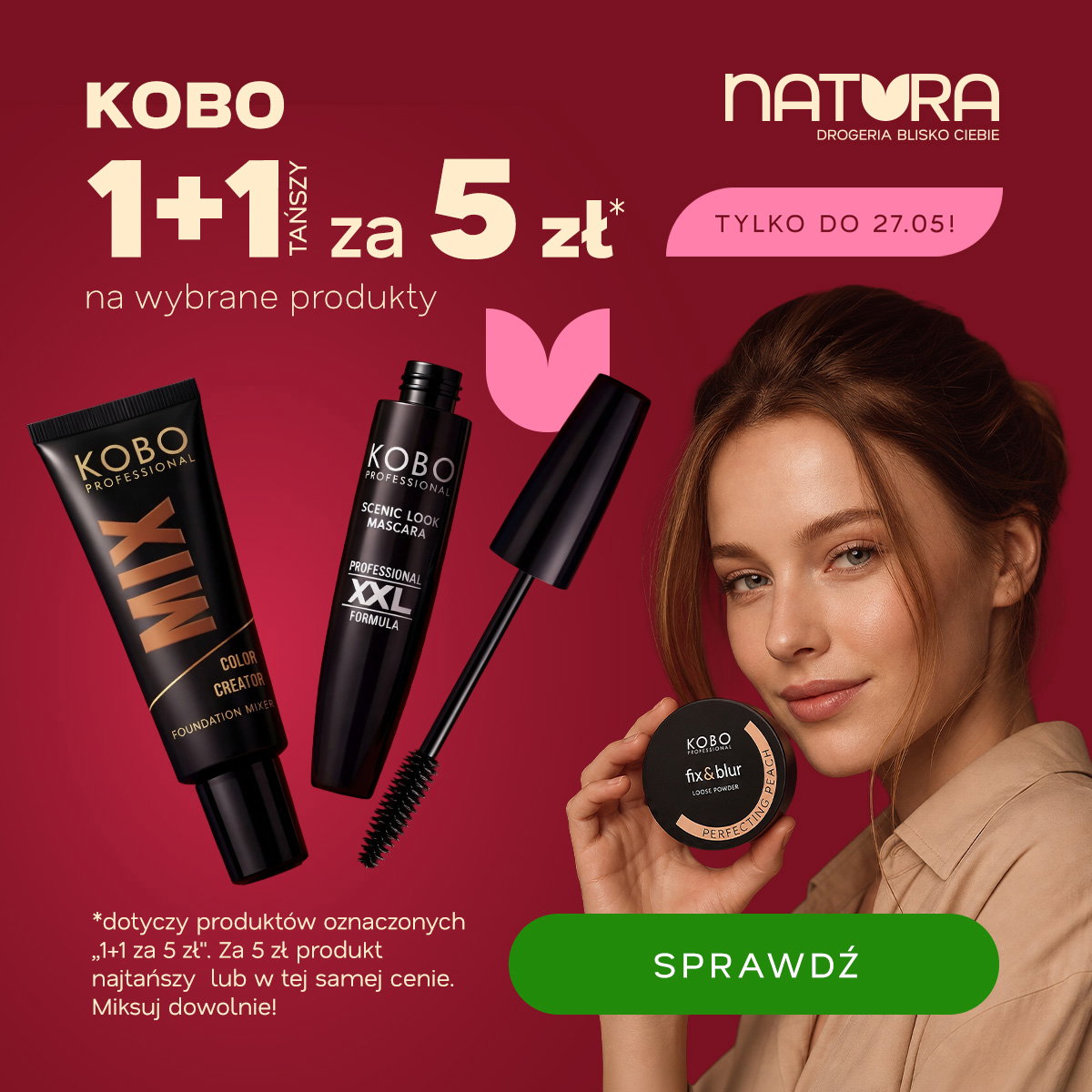 Promotional banner for KOBO cosmetics at Natura: 1+1 offer — second item for 5 zł; shows foundation mix, mascara, face powder and a model