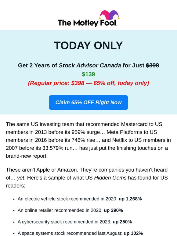 Until Midnight: 65% Off Stock Advisor Canada