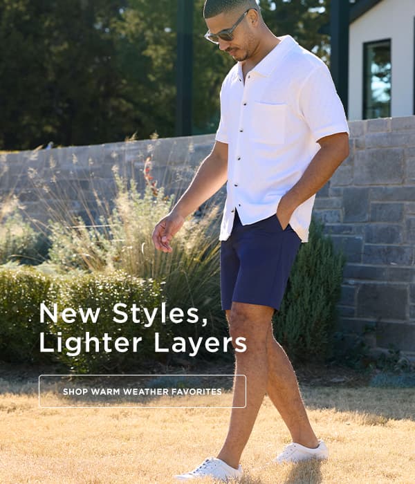Man walks in Haggar short sleeve button up and shorts