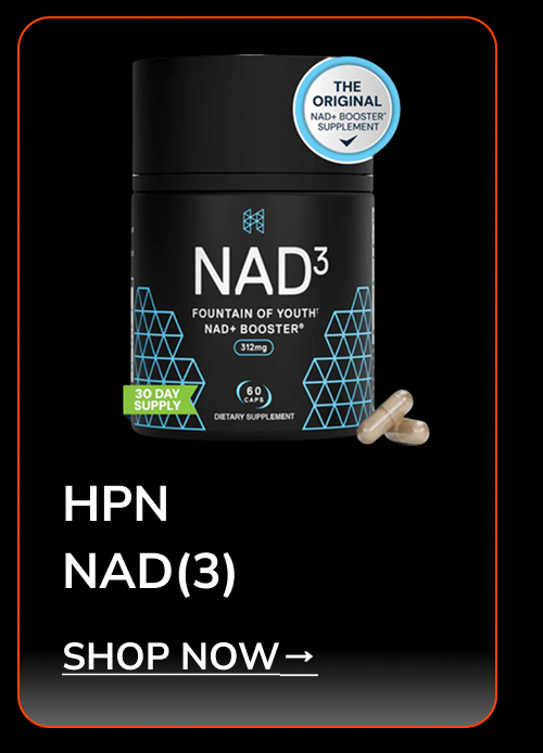 NAD3 dietary supplement bottle with capsules, labeled as "Fountain of Youth" and "30 day supply".