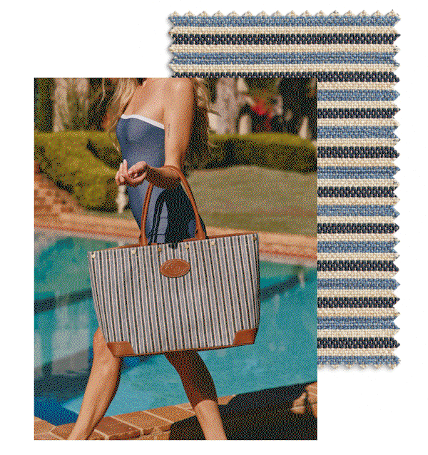 Cabana Blue. Model at pool with cabana blue bags. 