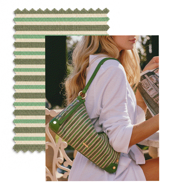 model at having coffee with pickle stripe bags. 