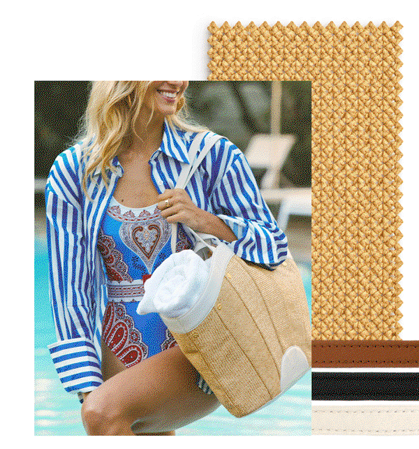 Model with different raffia bags with different leather accents.