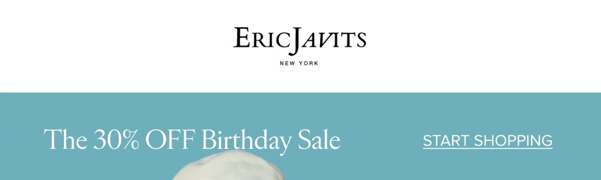 30% off birthday sale with a call to action to start shopping.