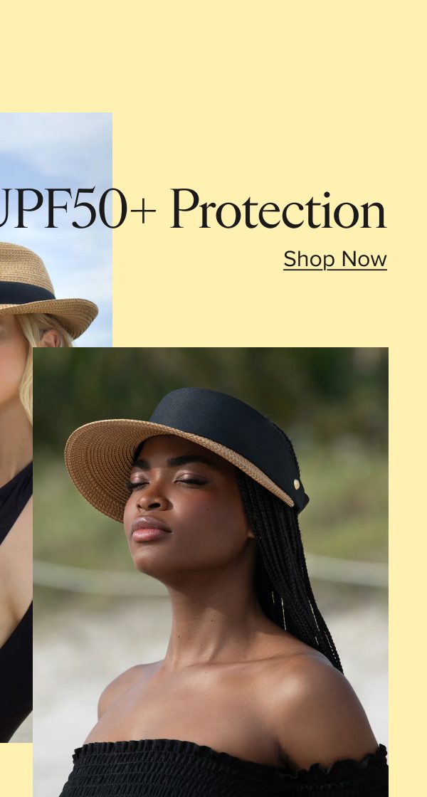 UPF50+ protection with stylish hats worn by two women outdoors.