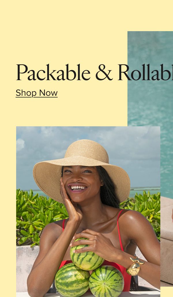 A woman in a sun hat smiles while holding watermelons, with a beach background.
