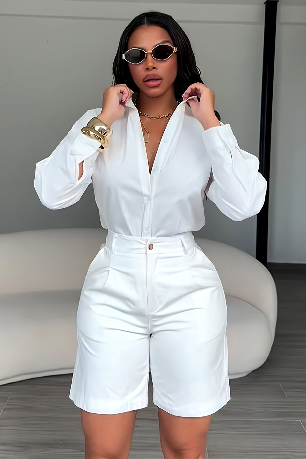 Solid Color Turndown Collar Shirt High Waist Shorts Casual 2pcs Set-White
