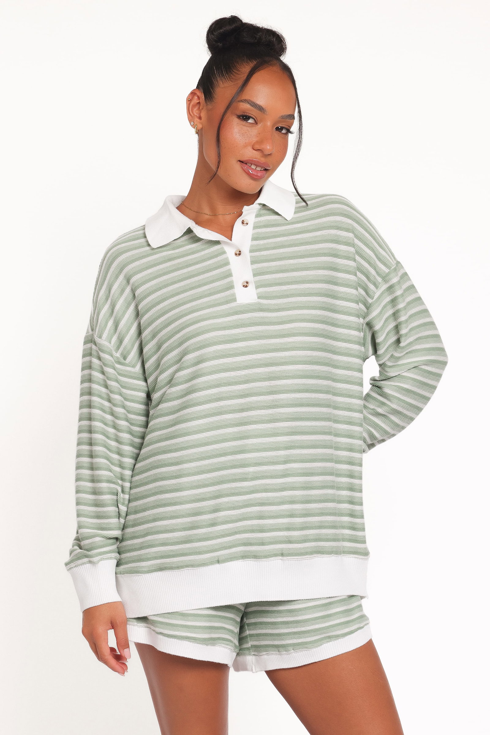 Image of Dealia Knit Short Set - Sage Stripe