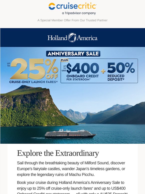 Limited Offer: AU$25PP Deposits on Select Cruises#