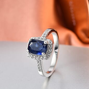 D'Joy AAA Natural Kashmir Kyanite, White Zircon Cushion Cut Halo Ring
