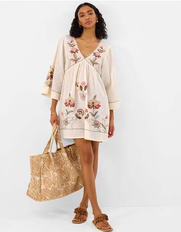 Floral Embroidered Mini Kaftan Ivory