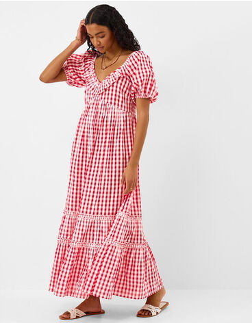Gingham Print Puff Sleeve Maxi Dress Red