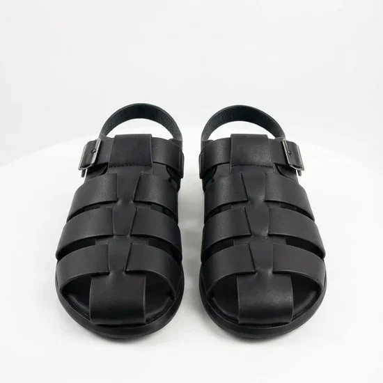 Mens Black Leather Sandals – Buckle Strap Casual Summer Shoes Breathable Open Toe Comfort Footwear