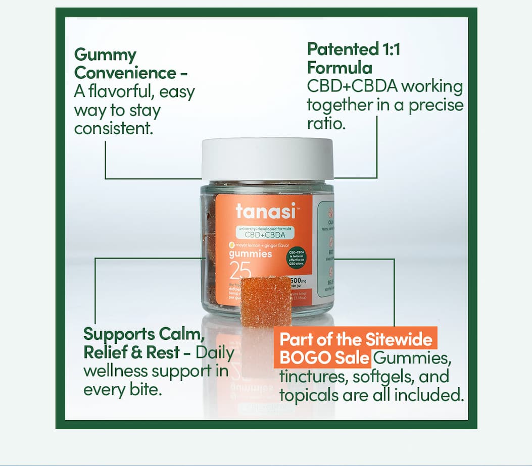 For a limited time, enjoy Buy One Get One Free on our popular Gummies and the full line of University-developed, patent-pending CBD+CBDA products designed to elevate your relaxation, support recovery, and promote restful nights.