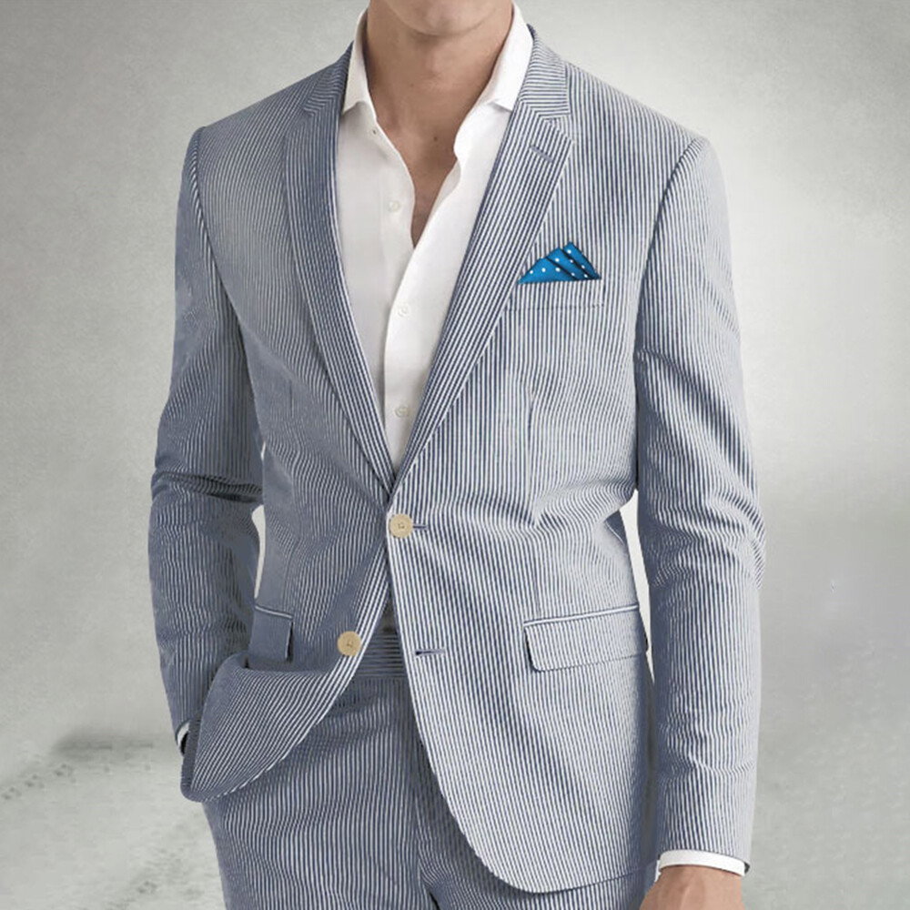 Pinstripe Print Notch Lapel Single Breasted Slim Blue And White Business Blazer