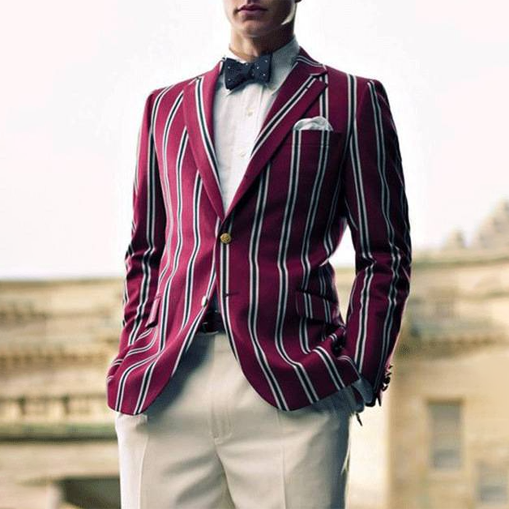Contrast Striped Print Notch Lapel Single Breasted Slim Fit Burgundy Blazer