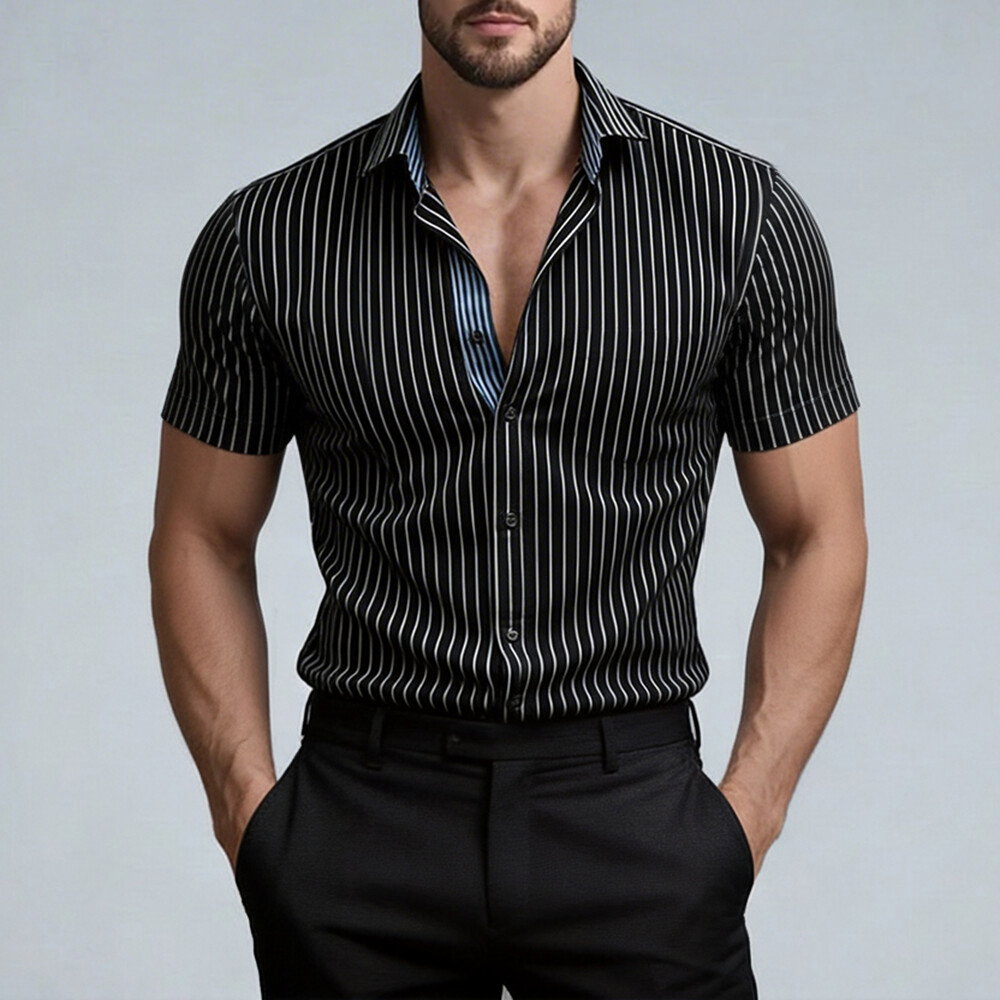 Okaywear Pinstripe Printed Buttons Slim Fit Black Short Sleeve Shirt
