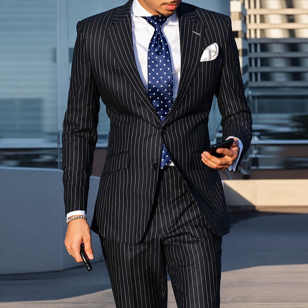 Pinstripe Print Notch Lapel Single Breasted Slim Fit Black Business Blazer