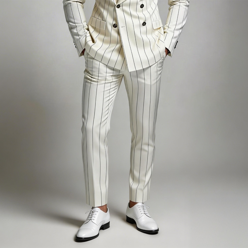 Okaywear Striped Print Slant Pocket Ivory Suit Pants