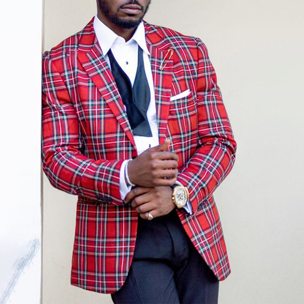 Tartan Printed Peak Lapel Single Breasted Slim Fit Red Blazer
