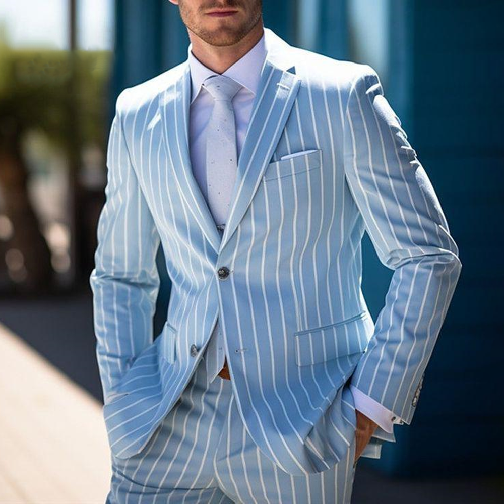 Pinstripes Print Notch Lapel Single Breasted Light Blue Business Blazer