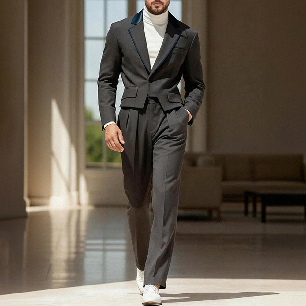 Okaywear Notch Lapel Pocket Blazer With Pants Black Suit