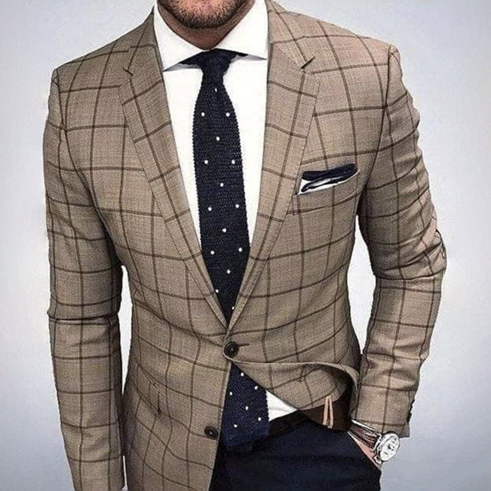 Plaid Print Notch Lapel Two Button Slim Fit Khaki Business Blazer