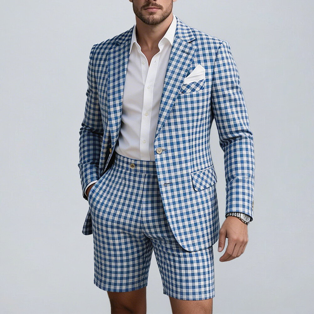 Okaywear Plaid Print Notch Lapel Single Breasted Blazer With Shorts Blue Suit