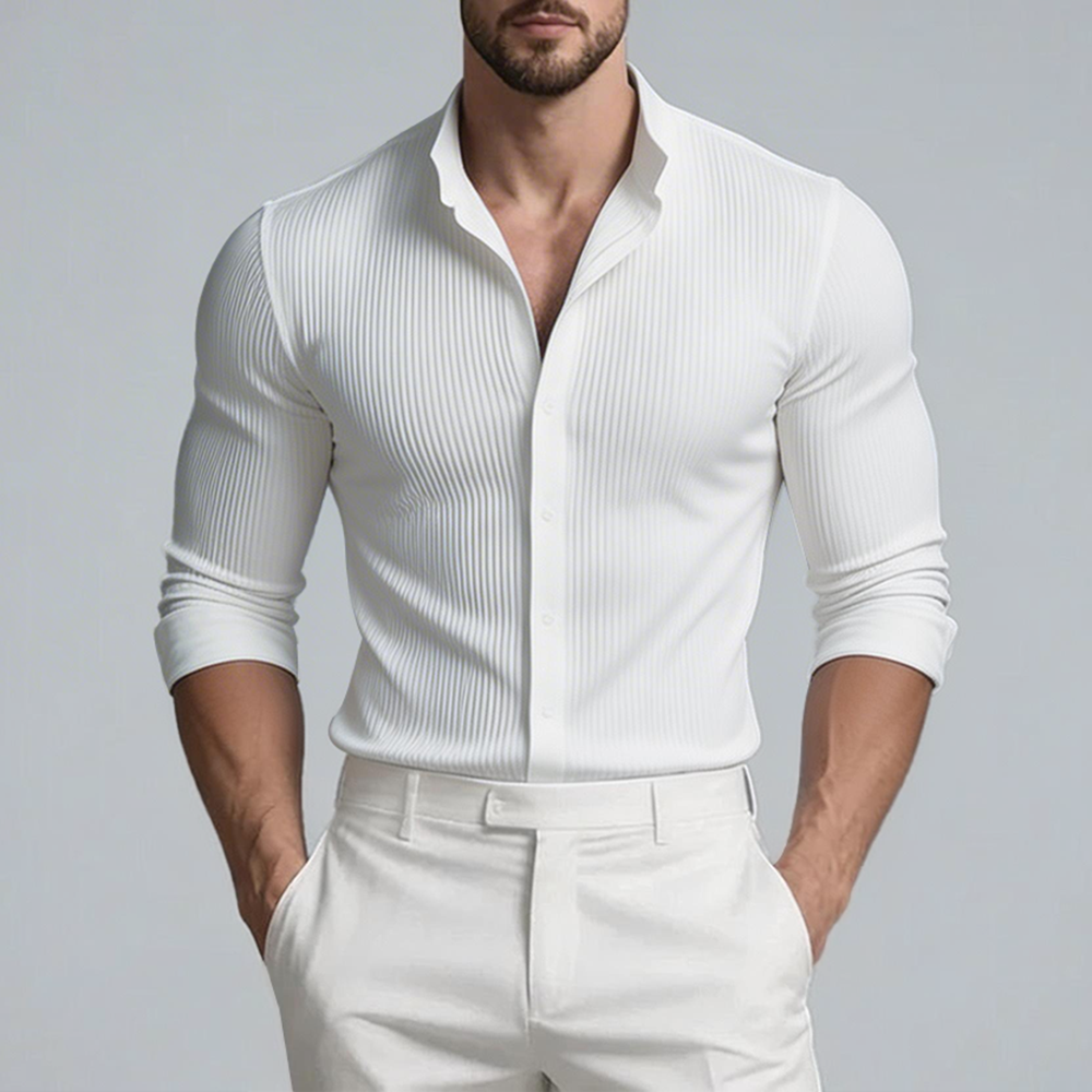 Okaywear Ribbed Stand Collar Tight Fit White Long Sleeve Shirt