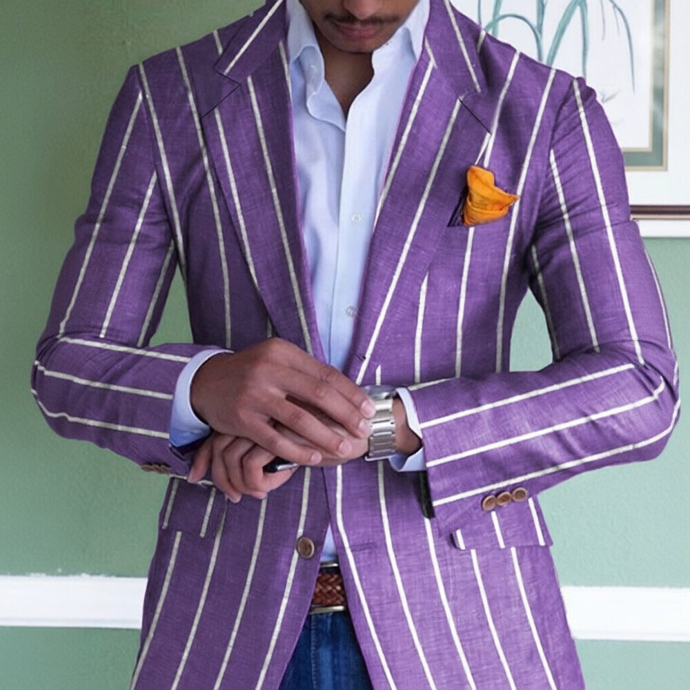 Striped Print Notch Lapel Single Breasted Slim Fit Purple Blazer