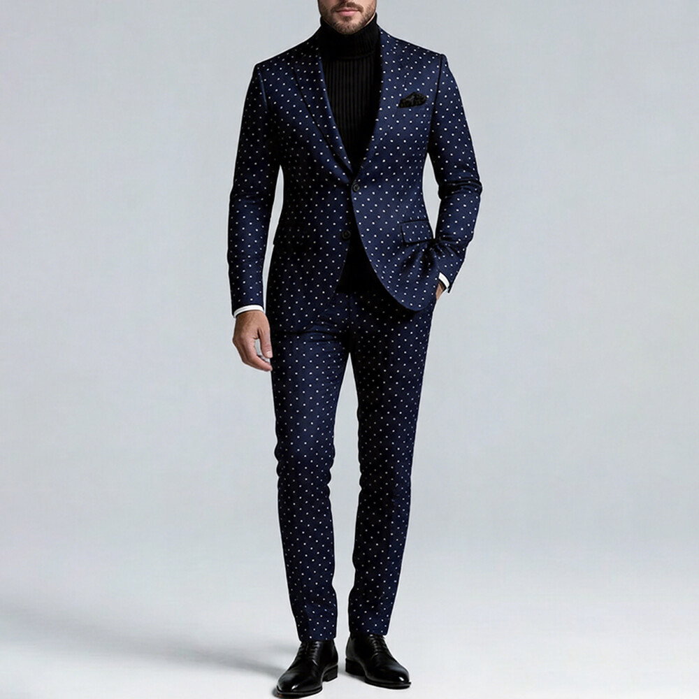 Okaywear Polka Dot Print Notch Lapel Blazer With Pants Business Navy Suit